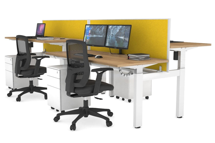 Just Right Height Adjustable 4 Person H-Bench Workstation - White Frame [1400L x 700W] Jasonl salvage oak mustard yellow (820H x 1400W) white cable tray