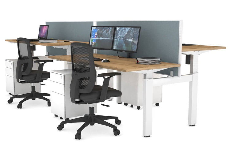 Just Right Height Adjustable 4 Person H-Bench Workstation - White Frame [1400L x 700W] Jasonl salvage oak cool grey (820H x 1400W) none