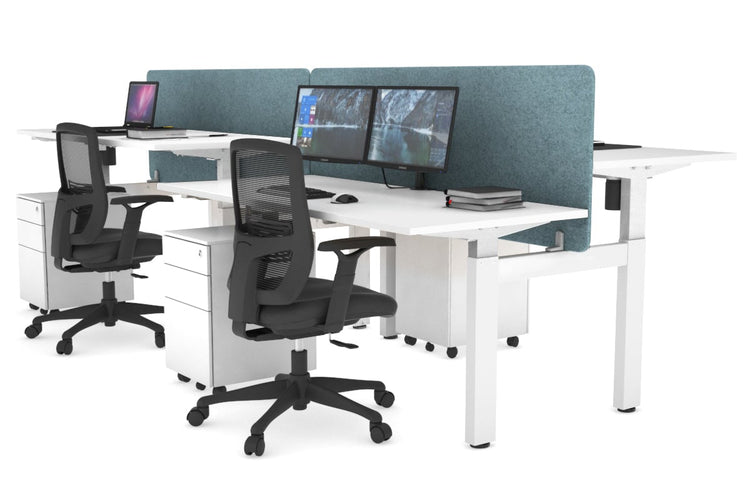 Just Right Height Adjustable 4 Person H-Bench Workstation - White Frame [1400L x 700W] Jasonl white blue echo panel (820H x 1400W) none