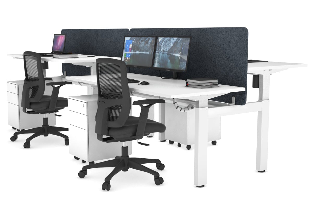 Just Right Height Adjustable 4 Person H-Bench Workstation - White Frame [1400L x 700W] Jasonl white dark grey echo panel (820H x 1400W) white cable tray