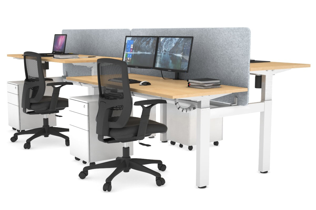 Just Right Height Adjustable 4 Person H-Bench Workstation - White Frame [1400L x 700W] Jasonl maple light grey echo panel (820H x 1400W) white cable tray