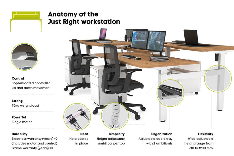 Just Right Height Adjustable 4 Person H-Bench Workstation - White Frame [1400L x 700W] Jasonl 