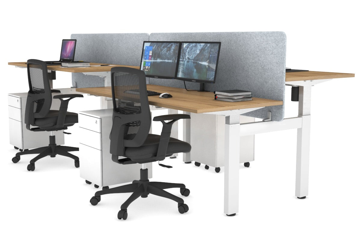 Just Right Height Adjustable 4 Person H-Bench Workstation - White Frame [1400L x 700W] Jasonl salvage oak light grey echo panel (820H x 1400W) none