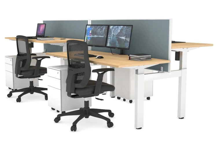 Just Right Height Adjustable 4 Person H-Bench Workstation - White Frame [1400L x 700W] Jasonl maple cool grey (820H x 1400W) none