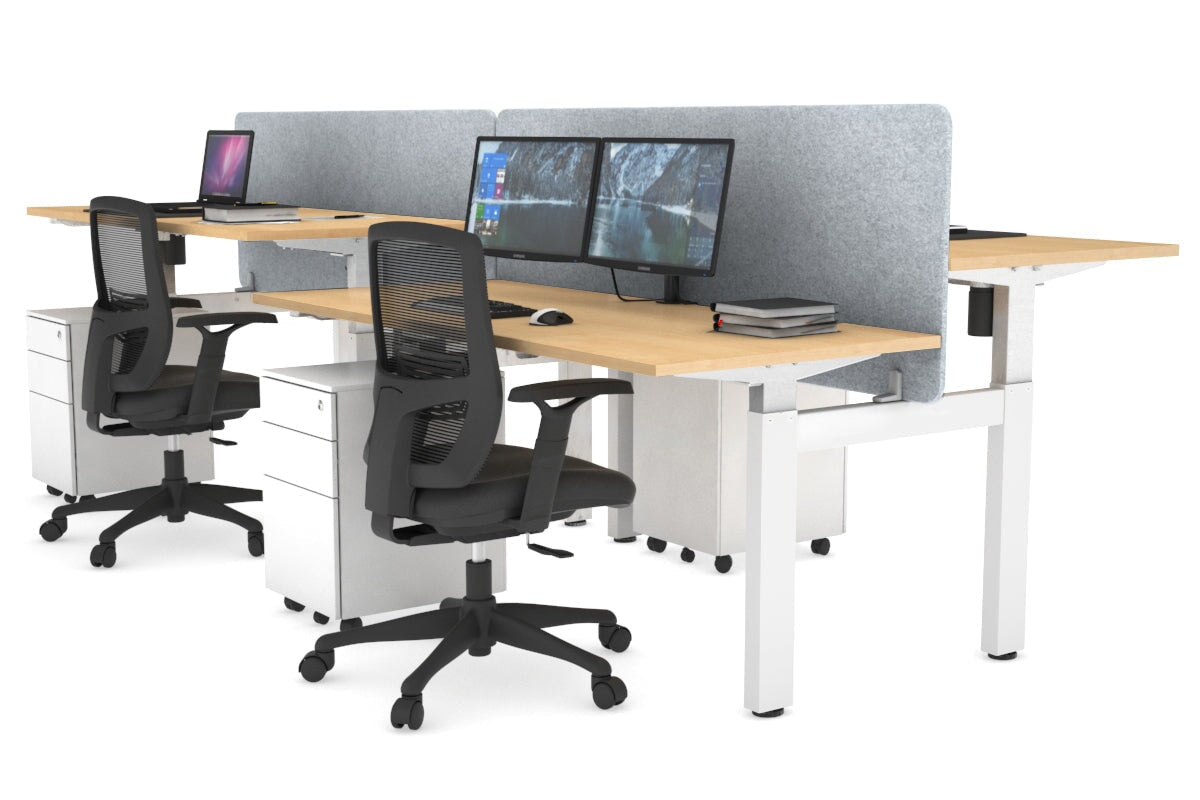 Just Right Height Adjustable 4 Person H-Bench Workstation - White Frame [1400L x 700W] Jasonl maple light grey echo panel (820H x 1400W) none