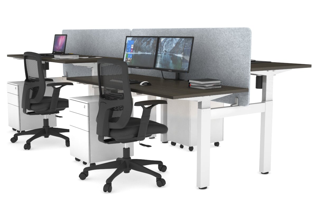 Just Right Height Adjustable 4 Person H-Bench Workstation - White Frame [1400L x 700W] Jasonl dark oak light grey echo panel (820H x 1400W) none