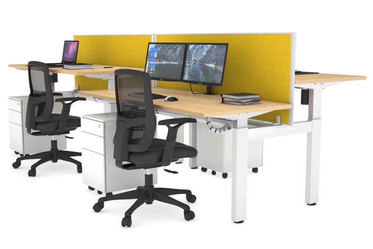 Just Right Height Adjustable 4 Person H-Bench Workstation - White Frame [1400L x 700W] Jasonl maple mustard yellow (820H x 1400W) white cable tray