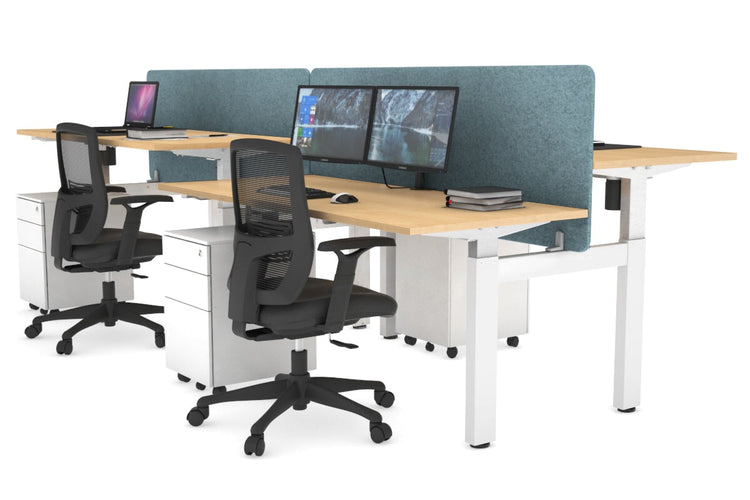 Just Right Height Adjustable 4 Person H-Bench Workstation - White Frame [1400L x 700W] Jasonl maple blue echo panel (820H x 1400W) none