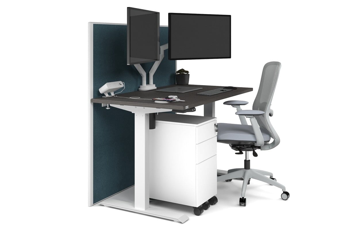 Just Right Height Adjustable Desk [1200L x 700W] Jasonl white leg dark oak deep blue (1200H x 1200W)