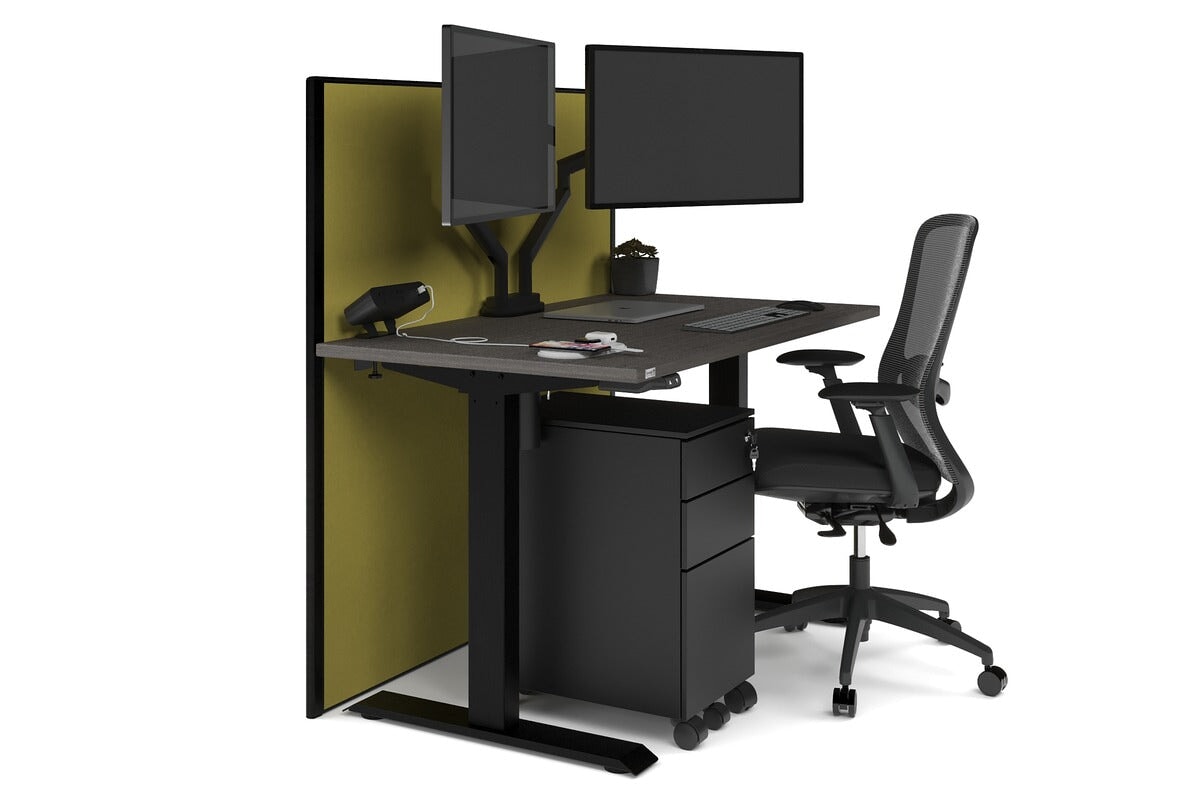 Just Right Height Adjustable Desk [1200L x 700W] Jasonl black leg dark oak mustard yellow (1200H x 1200W)