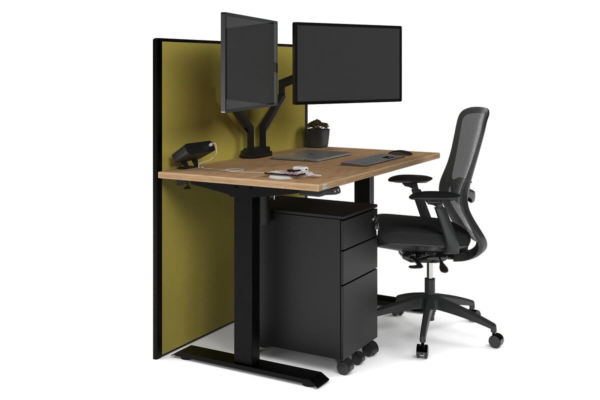 Just Right Height Adjustable Desk [1200L x 700W] Jasonl black leg salvage oak mustard yellow (1200H x 1200W)