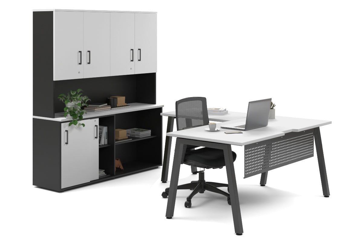 Quadro A Legs L-Shaped Executive Setting - Black Legs [1600L x 1700W] Jasonl white sliding 2 door + open bookcase closed hutch