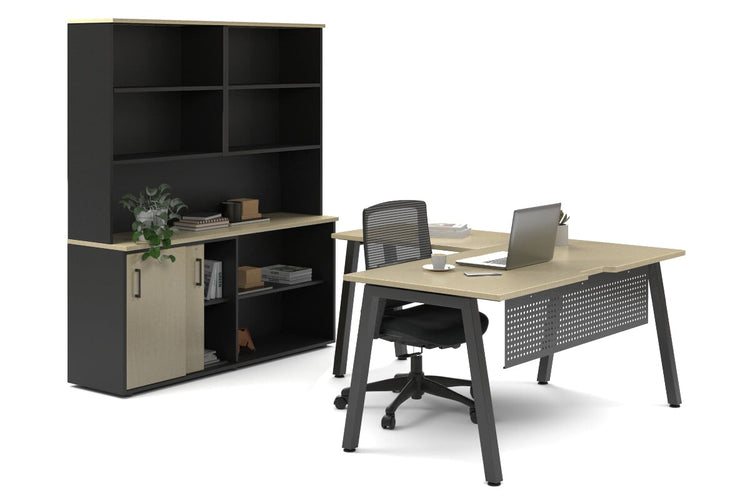 Quadro A Legs L-Shaped Executive Setting - Black Legs [1600L x 1700W] Jasonl maple sliding 2 door + open bookcase open hutch