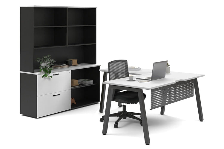 Quadro A Legs L-Shaped Executive Setting - Black Legs [1600L x 1700W] Jasonl white lateral 2 drawer + open bookcase open hutch