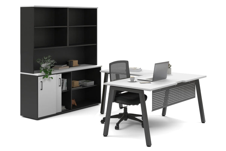 Quadro A Legs L-Shaped Executive Setting - Black Legs [1600L x 1700W] Jasonl white sliding 2 door + open bookcase open hutch