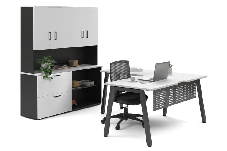 Quadro A Legs L-Shaped Executive Setting - Black Legs [1600L x 1700W] Jasonl white lateral 2 drawer + open bookcase closed hutch