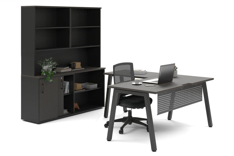 Quadro A Legs L-Shaped Executive Setting - Black Legs [1600L x 1800W with Cable Scallop] Jasonl dark oak sliding 2 door + open bookcase open hutch