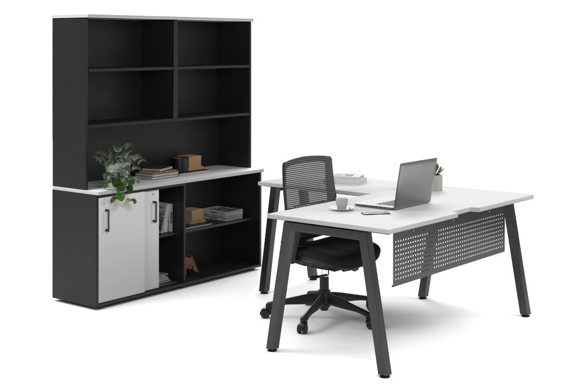 Quadro A Legs L-Shaped Executive Setting - Black Legs [1800L x 1700W] Jasonl white sliding 2 door + open bookcase open hutch