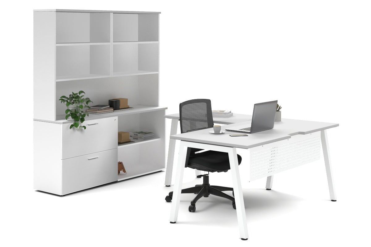 Quadro A Legs L-Shaped Executive Setting - White Legs [1600L x 1700W] Jasonl white lateral 2 drawer + open bookcase open hutch