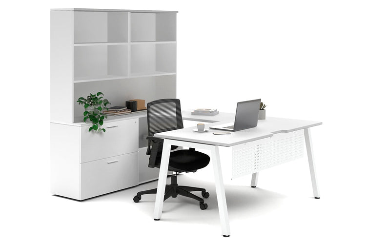 Quadro A Legs L-Shaped Executive Setting - White Legs [1600L x 1700W] Jasonl white lateral 2 drawer + open bookcase open hutch