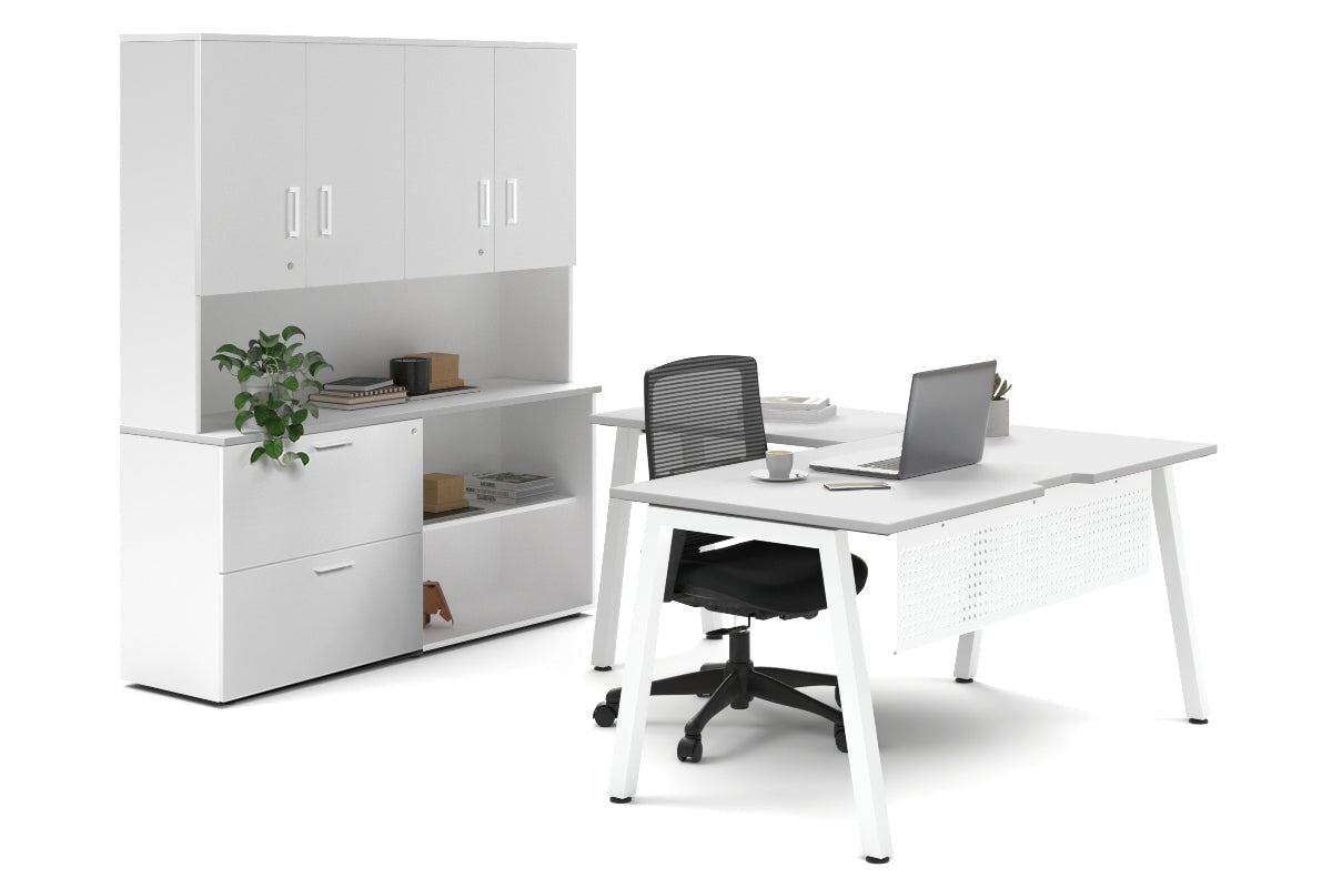 Quadro A Legs L-Shaped Executive Setting - White Legs [1600L x 1700W] Jasonl white lateral 2 drawer + open bookcase closed hutch