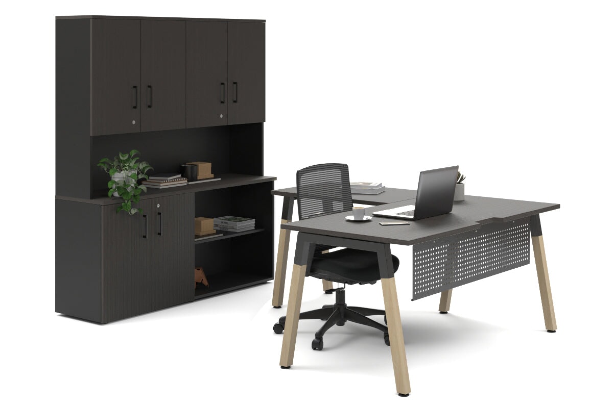 Quadro A Legs L-Shaped Executive Setting - Wood Legs Black Cross Beam [1600L x 1800W with Cable Scallop] Jasonl dark oak uniform 2 door + open bookcase closed hutch