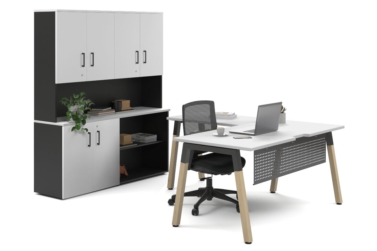 Quadro A Legs L-Shaped Executive Setting - Wood Legs Black Cross Beam [1600L x 1800W with Cable Scallop] Jasonl white uniform 2 door + open bookcase closed hutch