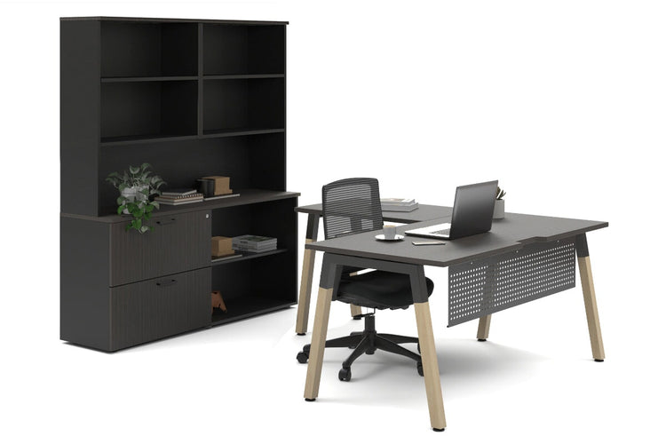 Quadro A Legs L-Shaped Executive Setting - Wood Legs Black Cross Beam [1600L x 1800W with Cable Scallop] Jasonl dark oak lateral 2 drawer + open bookcase open hutch