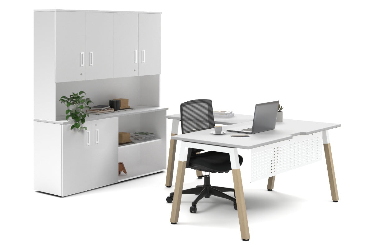 Quadro A Legs L-Shaped Executive Setting - Wood Legs White Cross Beam [1600L x 1800W with Cable Scallop] Jasonl white uniform 2 door + open bookcase closed hutch