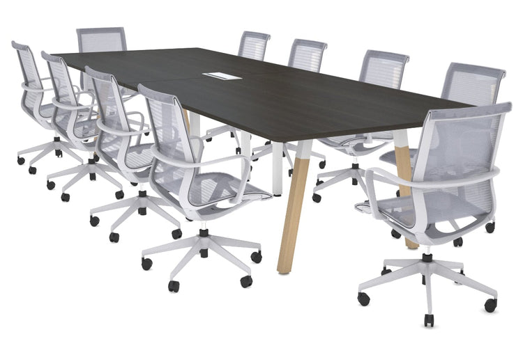 Quadro A Legs Modern Boardroom Table Wood Legs - Rounded Corners [3200L x 1100W with Rounded Corners] Jasonl white leg dark oak power box