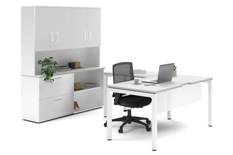 Quadro Square Legs L-Shaped Executive Setting - White Legs [1600L x 1700W] Jasonl white lateral 2 drawer + open bookcase closed hutch