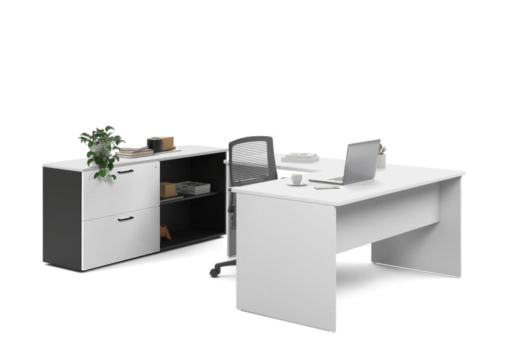 Uniform Panel L-Shaped Executive Setting - Black Carcass [1400L x 1600W] Jasonl white lateral 2 drawer + open bookcase none