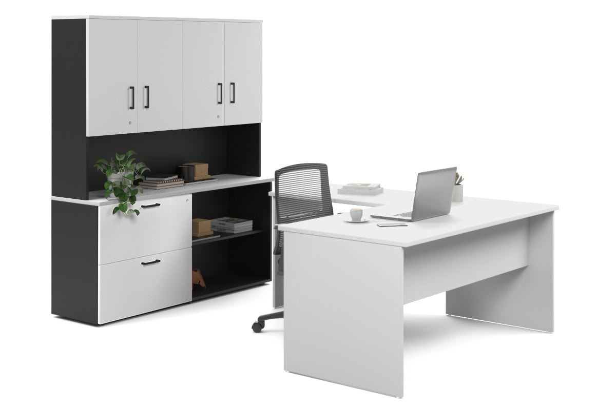 Uniform Panel L-Shaped Executive Setting - Black Carcass [1400L x 1600W] Jasonl white lateral 2 drawer + open bookcase closed hutch