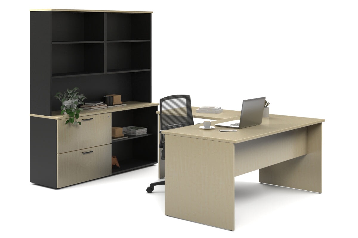 Uniform Panel L-Shaped Executive Setting - Black Carcass [1400L x 1600W] Jasonl maple lateral 2 drawer + open bookcase open hutch