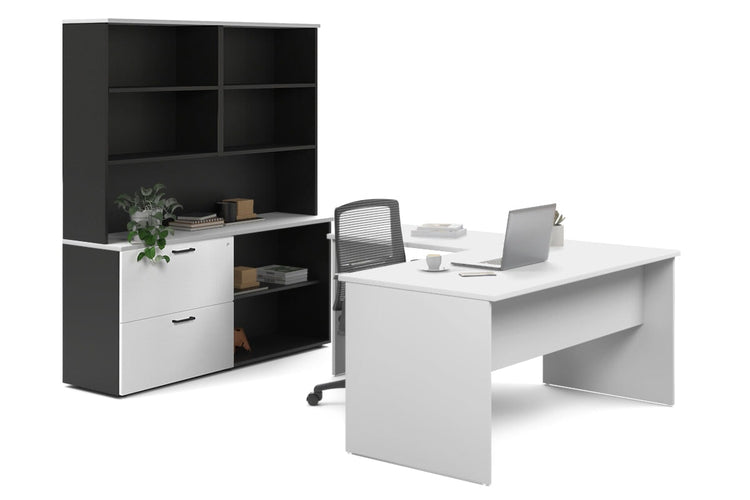 Uniform Panel L-Shaped Executive Setting - Black Carcass [1400L x 1600W] Jasonl white lateral 2 drawer + open bookcase open hutch