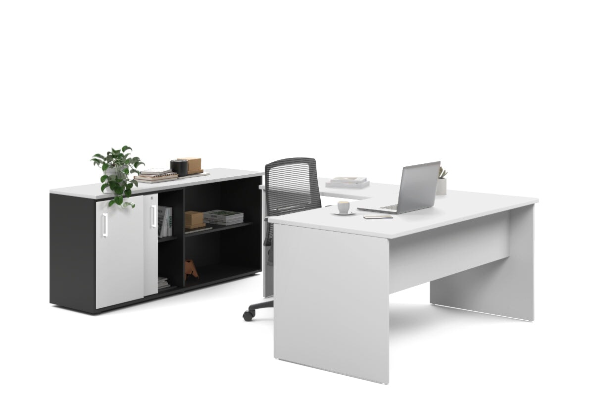 Uniform Panel L-Shaped Executive Setting - Black Carcass [1400L x 1600W] Jasonl white sliding 2 door + open bookcase none