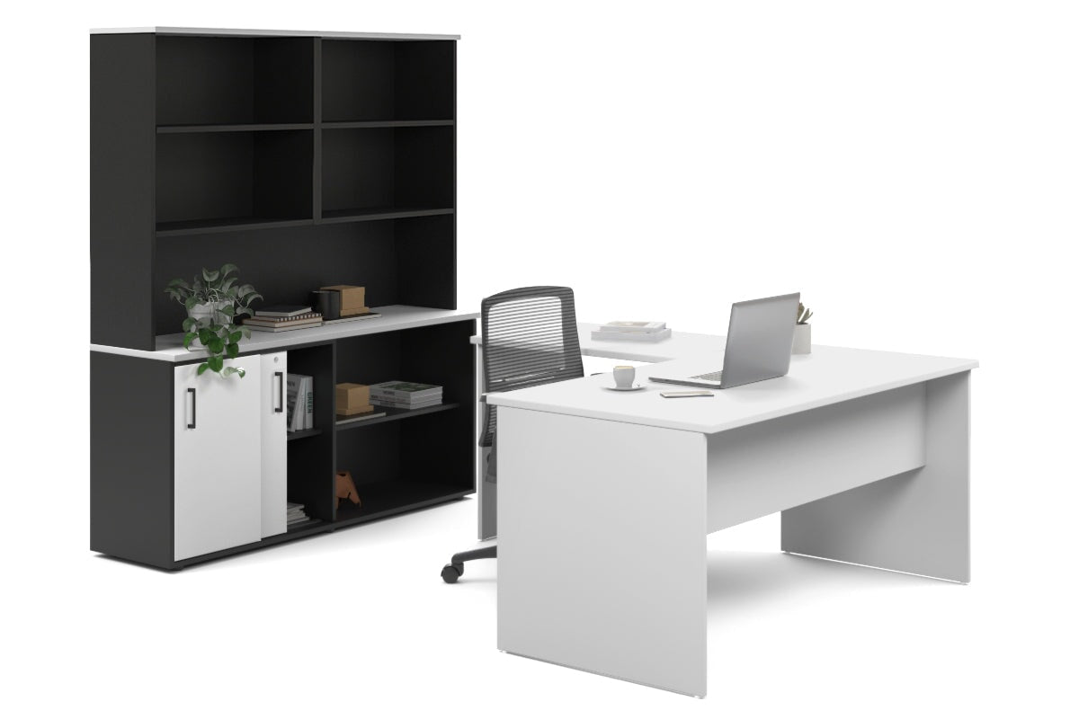 Uniform Panel L-Shaped Executive Setting - Black Carcass [1400L x 1600W] Jasonl white sliding 2 door + open bookcase open hutch