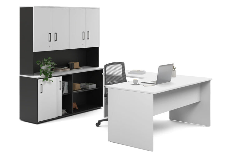 Uniform Panel L-Shaped Executive Setting - Black Carcass [1400L x 1600W] Jasonl white sliding 2 door + open bookcase closed hutch