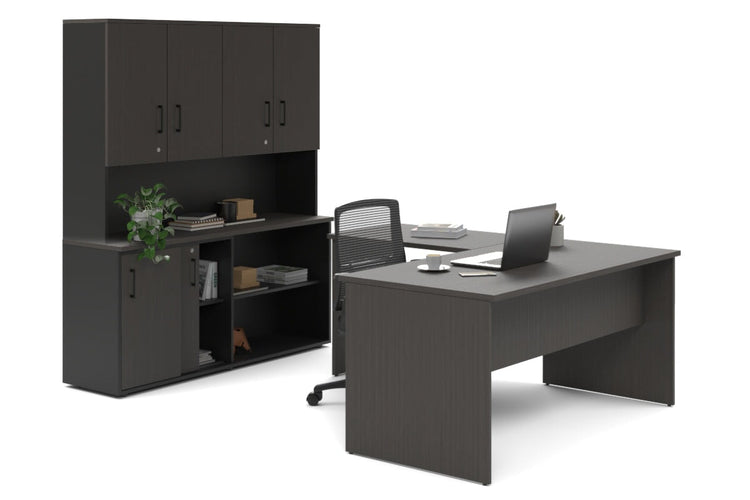 Uniform Panel L-Shaped Executive Setting - Black Carcass [1400L x 1600W] Jasonl dark oak sliding 2 door + open bookcase closed hutch