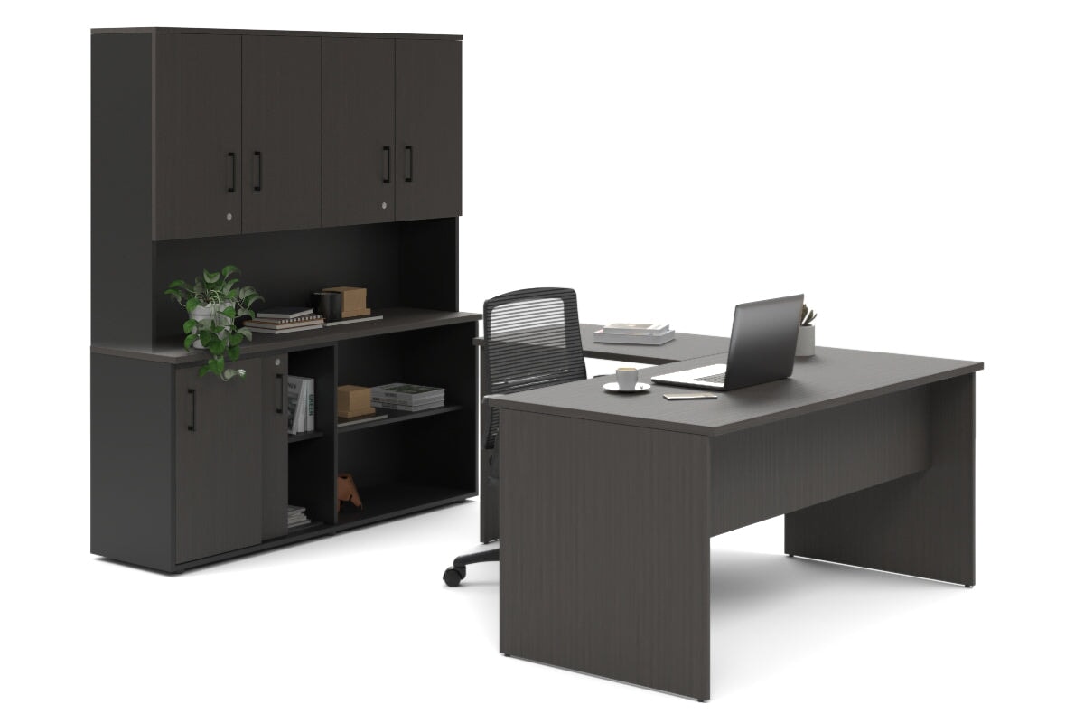 Uniform Panel L-Shaped Executive Setting - Black Carcass [1600L x 1600W] Jasonl dark oak sliding 2 door + open bookcase closed hutch