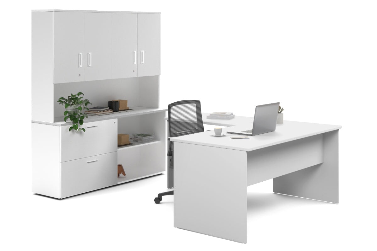 Uniform Panel L-Shaped Executive Setting - White Carcass [1400L x 1600W] Jasonl white lateral 2 drawer + open bookcase closed hutch