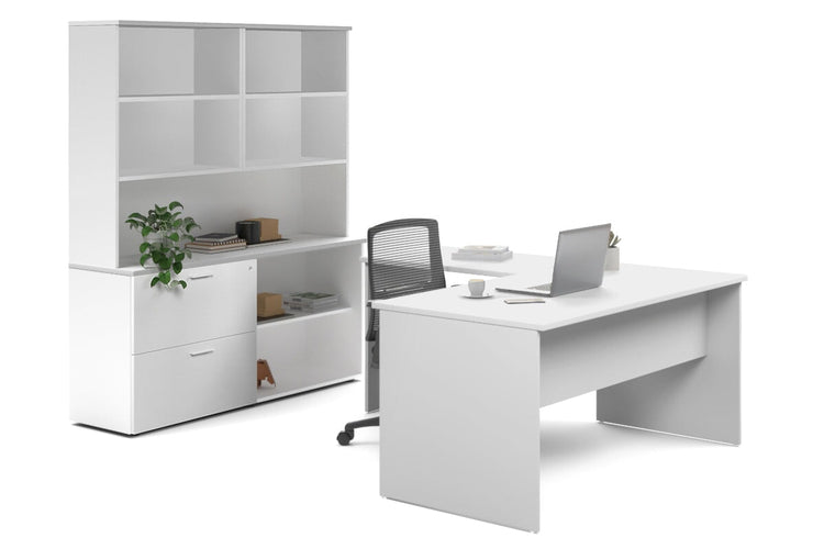 Uniform Panel L-Shaped Executive Setting - White Carcass [1400L x 1600W] Jasonl white lateral 2 drawer + open bookcase open hutch