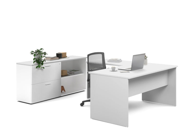 Uniform Panel L-Shaped Executive Setting - White Carcass [1400L x 1600W] Jasonl white lateral 2 drawer + open bookcase none