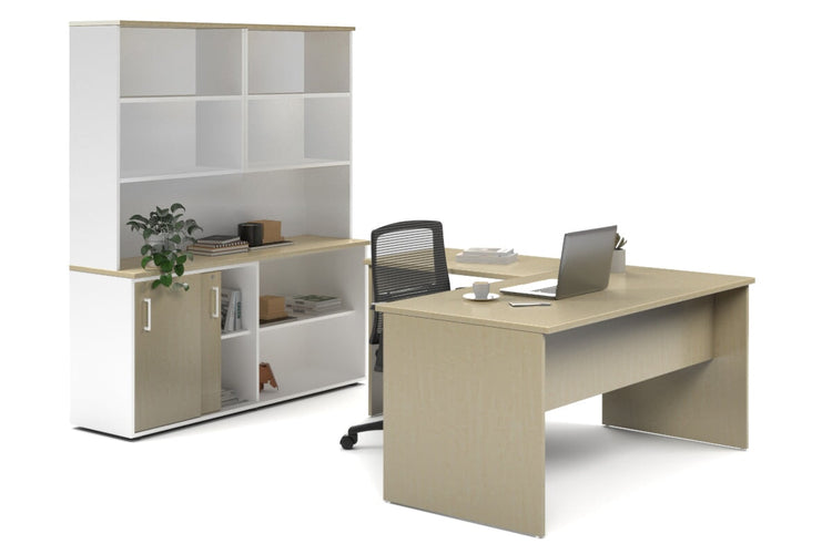 Uniform Panel L-Shaped Executive Setting - White Carcass [1400L x 1600W] Jasonl maple sliding 2 door + open bookcase open hutch