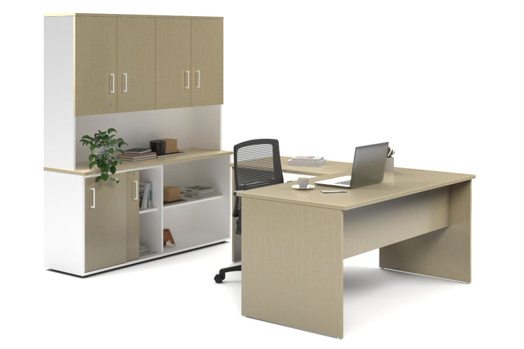 Uniform Panel L-Shaped Executive Setting - White Carcass [1400L x 1600W] Jasonl maple sliding 2 door + open bookcase closed hutch