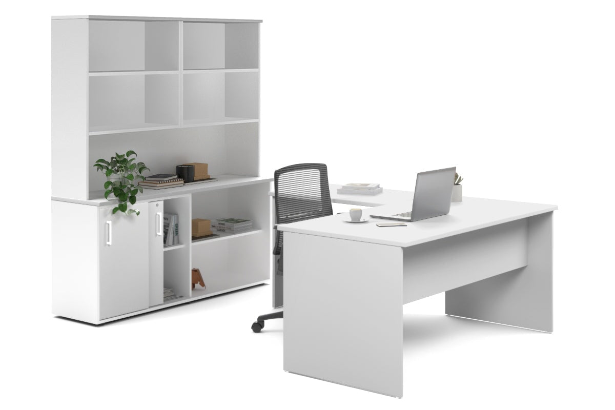 Uniform Panel L-Shaped Executive Setting - White Carcass [1400L x 1600W] Jasonl white sliding 2 door + open bookcase open hutch