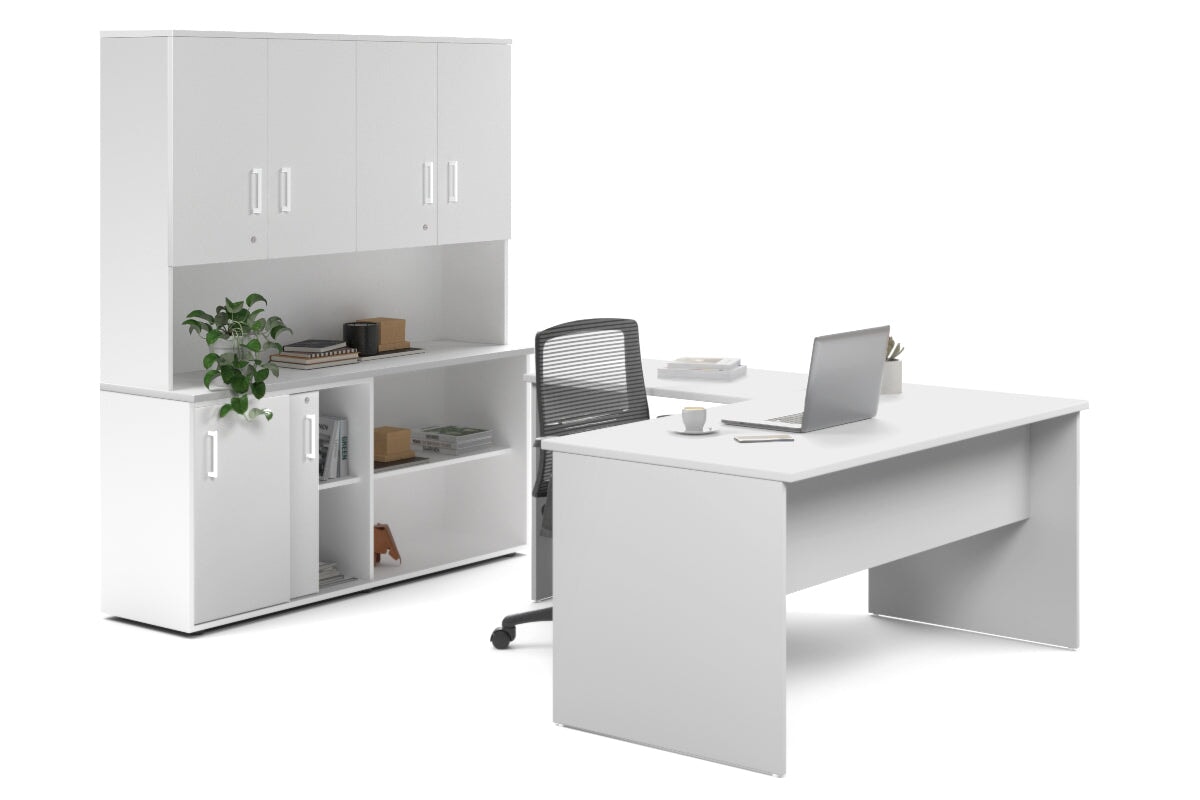 Uniform Panel L-Shaped Executive Setting - White Carcass [1400L x 1600W] Jasonl white sliding 2 door + open bookcase closed hutch