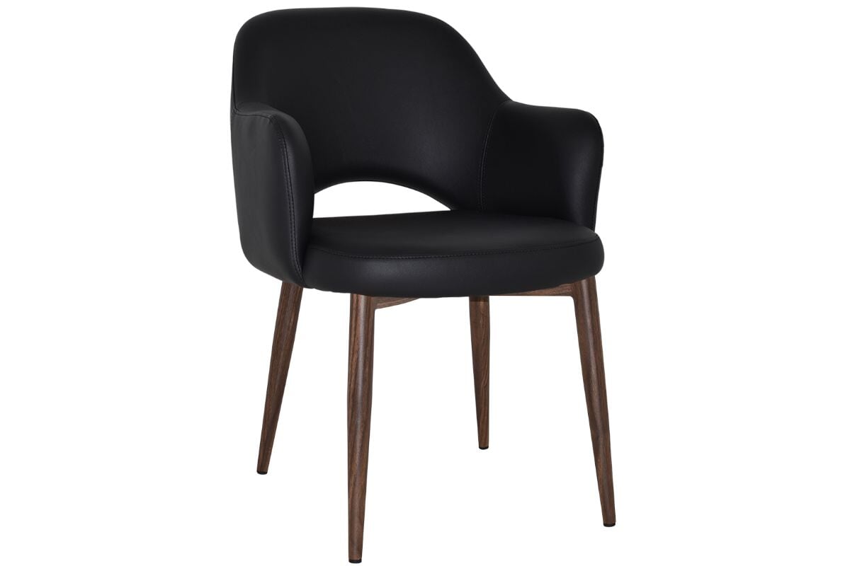 EZ Hospitality Cairo Indoor Armchair Metal Base Slim Light Walnut 4 vinyl black JasonL Office Furniture Australia