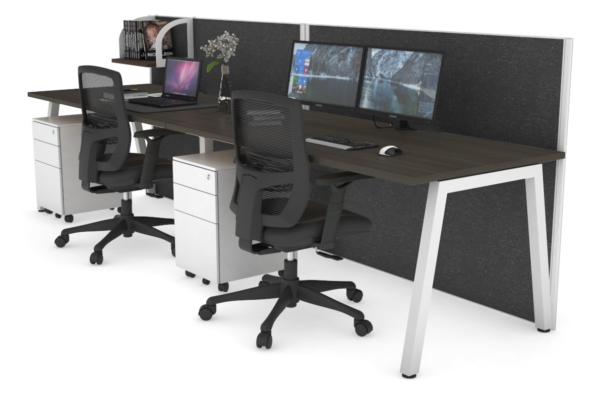 Horizon Quadro 2 Person Run A Leg Office Workstations [1600L x 800W with Cable Scallop] Jasonl white leg dark oak moody charcoal (1200H x 3200W)