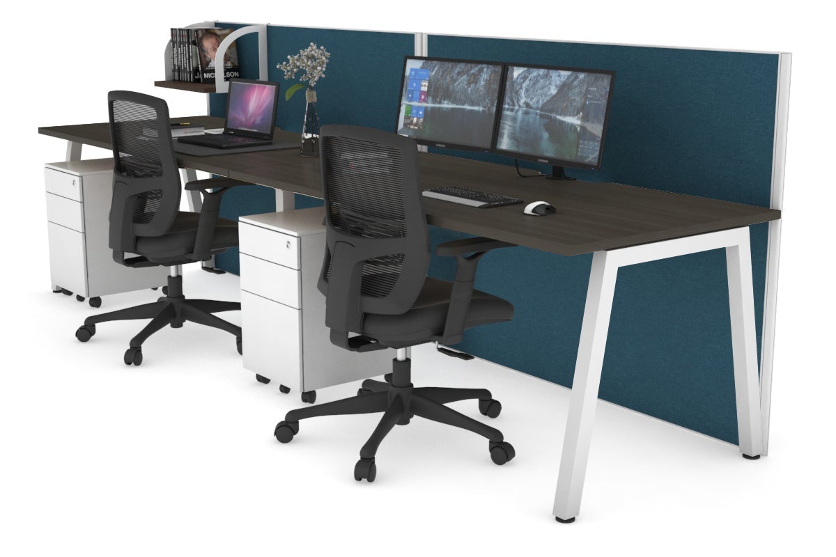 Horizon Quadro 2 Person Run A Leg Office Workstations [1600L x 800W with Cable Scallop] Jasonl white leg dark oak deep blue (1200H x 3200W)